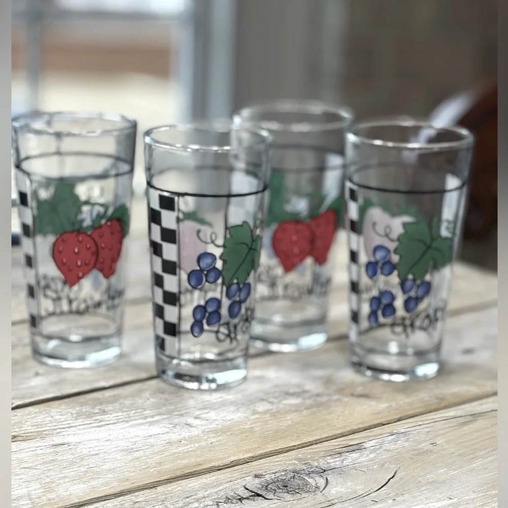 4 Vintage KIG Checkerboard Fruit Glasses. Numbered | Grape | Strawberry | Fruit